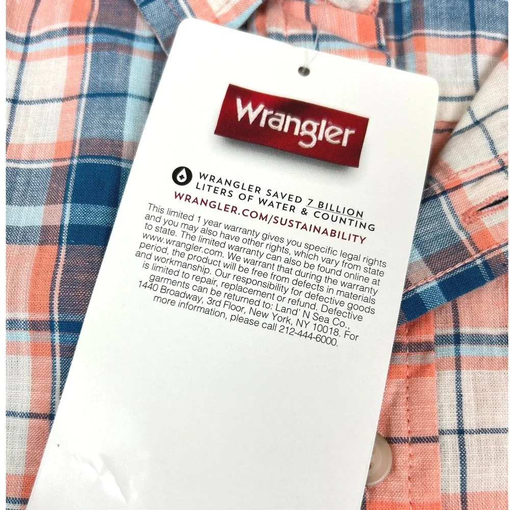 NWT Wrangler Boys Plaid Button Down Shirt Orange Blue Short Sleeve‎ Size 6
